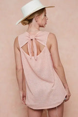 BiBi Popcorn Waffle Open Back Top with Tied Ribbon - Trendsi - Flyclothing LLC