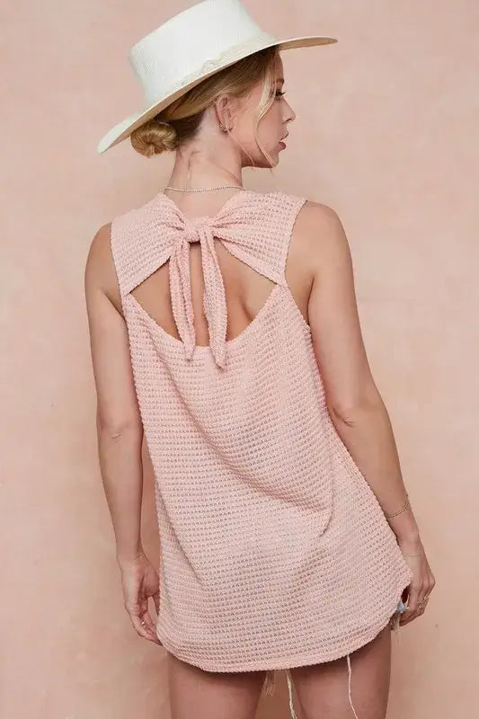 BiBi Popcorn Waffle Open Back Top with Tied Ribbon - Trendsi - Flyclothing LLC