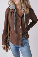 Drawstring Button Up Long Sleeve Hooded Jacket - Trendsi - Flyclothing LLC