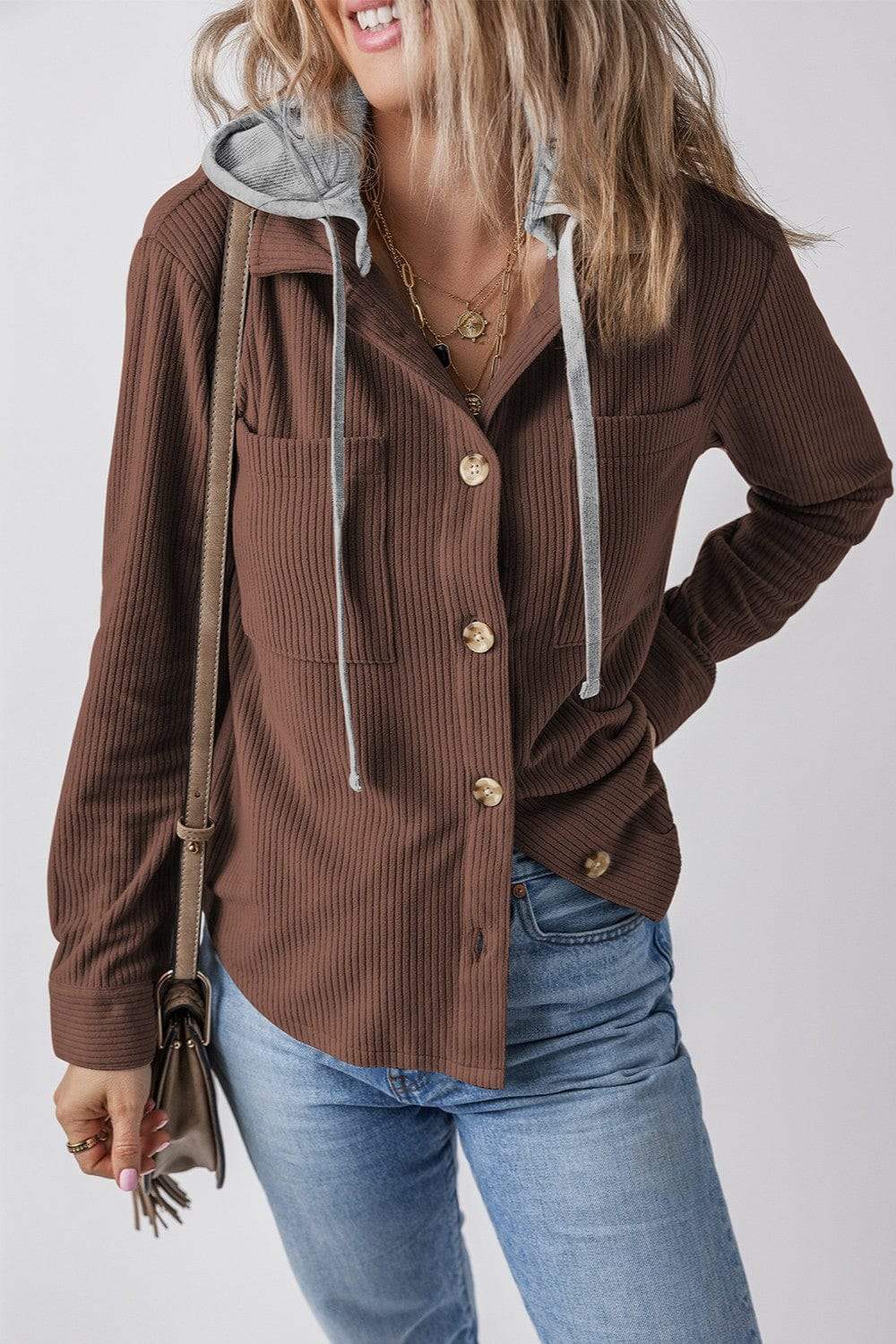 Drawstring Button Up Long Sleeve Hooded Jacket - Trendsi - Flyclothing LLC