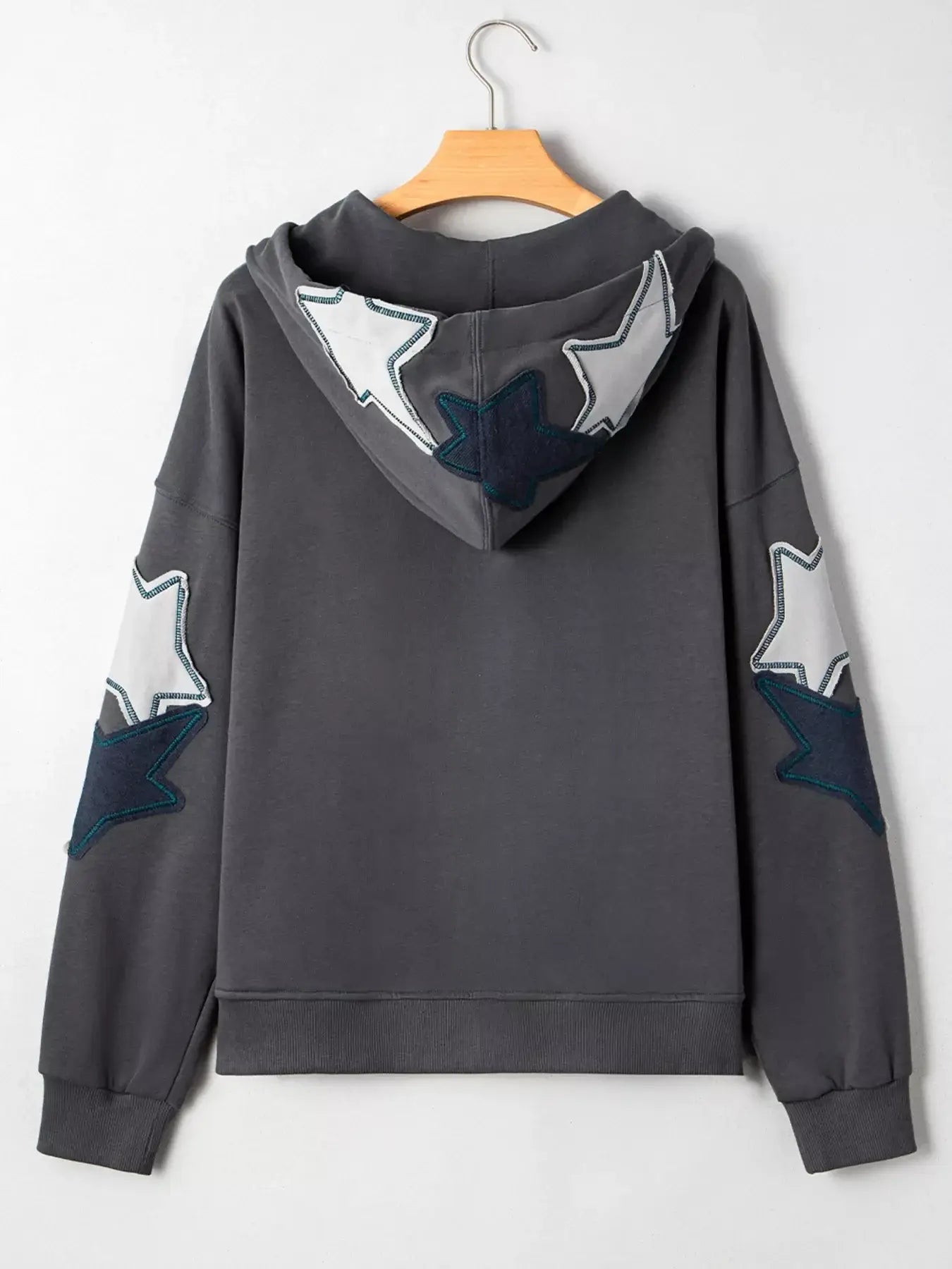Star Patchwork Contrast Stitching Mineral Wash Kangaroo Pocket Hoodie - Trendsi - Flyclothing LLC