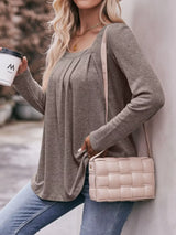 Pleated Square Neck Long Sleeve T-Shirt - Trendsi - Flyclothing LLC
