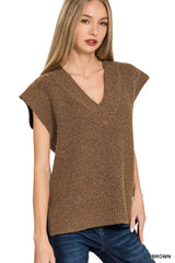 Zenana Ribbed Slit V-Neck Sweater Vest - Trendsi - Flyclothing LLC