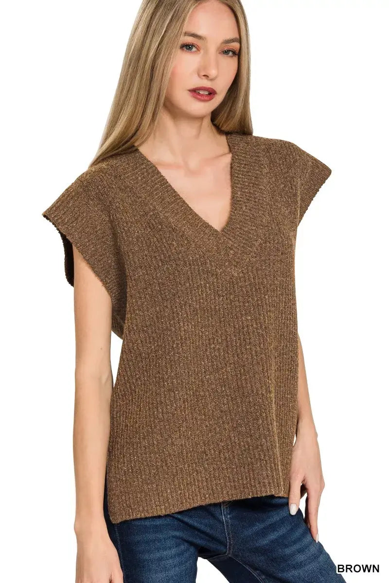 Zenana Ribbed Slit V-Neck Sweater Vest - Trendsi - Flyclothing LLC