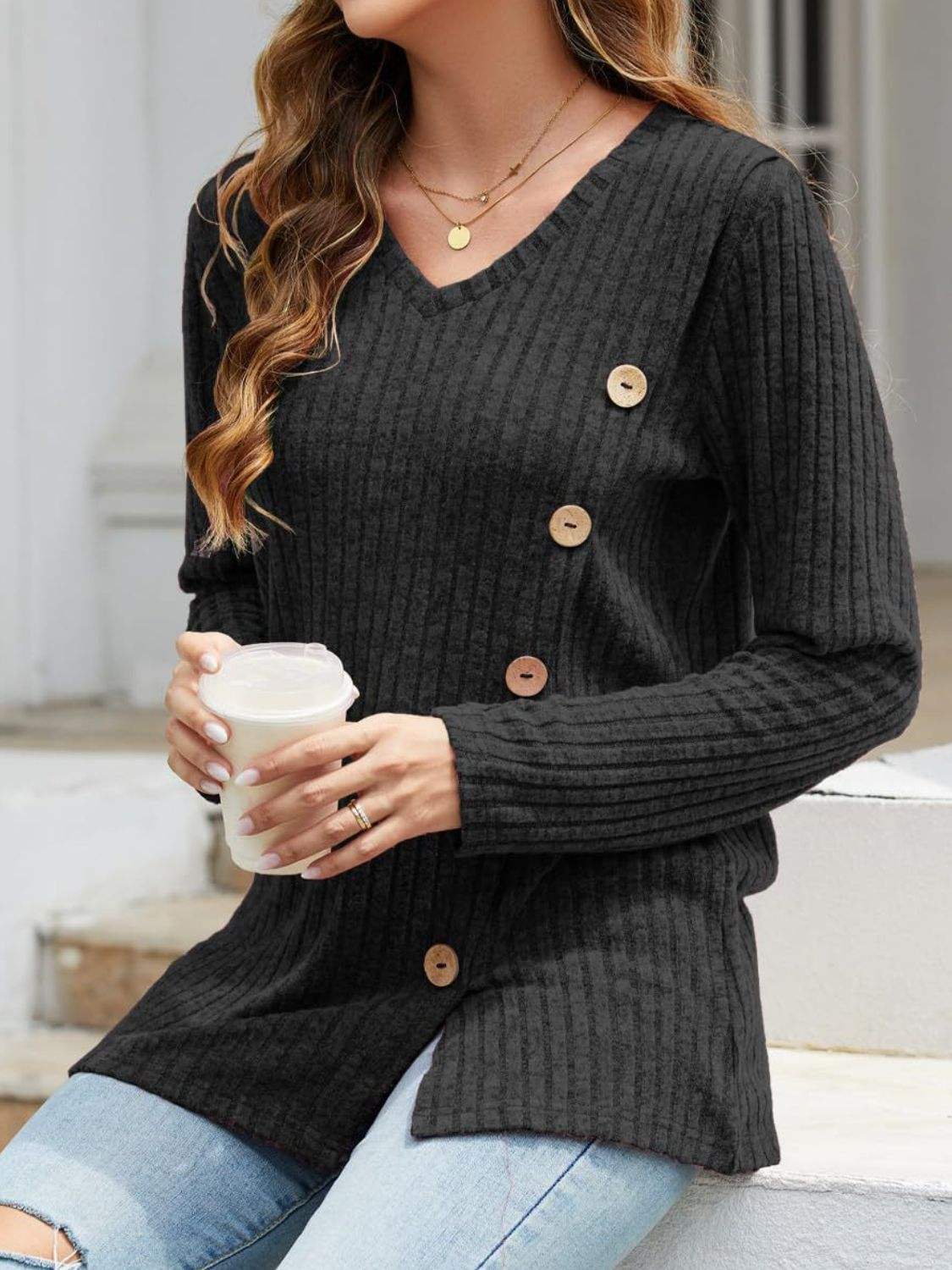 V-Neck Long Sleeve T-Shirt - Trendsi - Flyclothing LLC