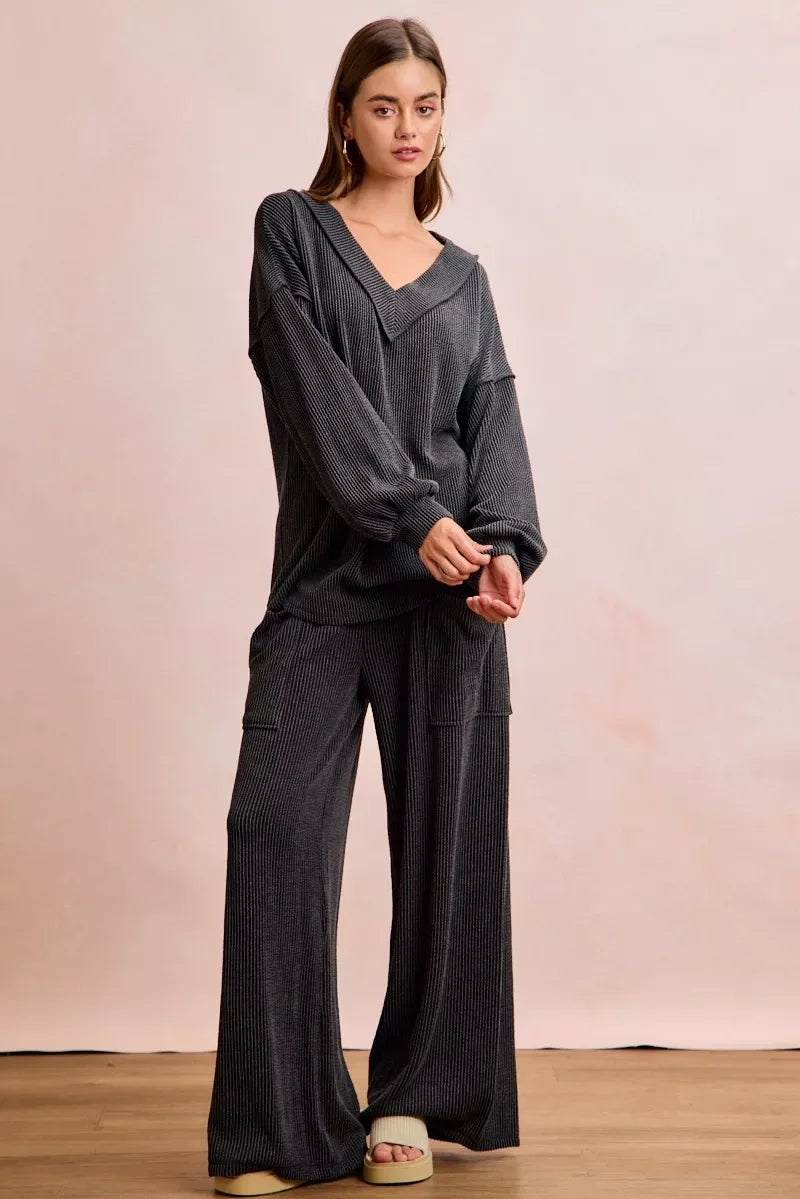 BiBi Two Tone Cord Rib Contrast Stitching V-Neck Top and Pants Set - Trendsi - Flyclothing LLC
