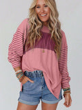 Round Neck Striped Long Sleeve Slit T-Shirt - Trendsi - Flyclothing LLC