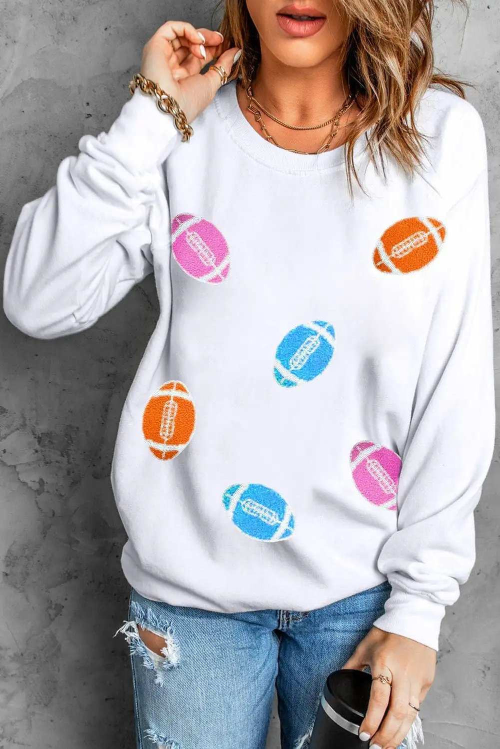 Football Round Neck Long Sleeve Sweatshirt - Trendsi - Flyclothing LLC