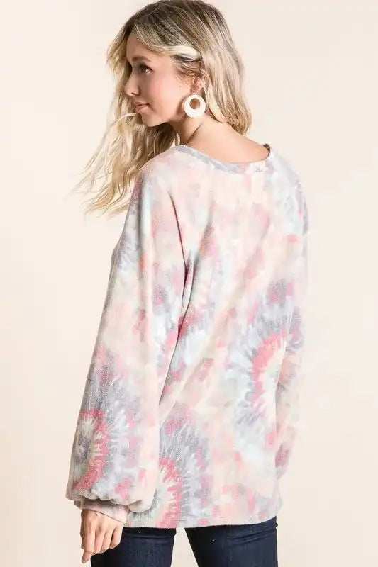 BiBi Brushed Tie Dye Print Top with Puff Sleeves - Trendsi - Flyclothing LLC