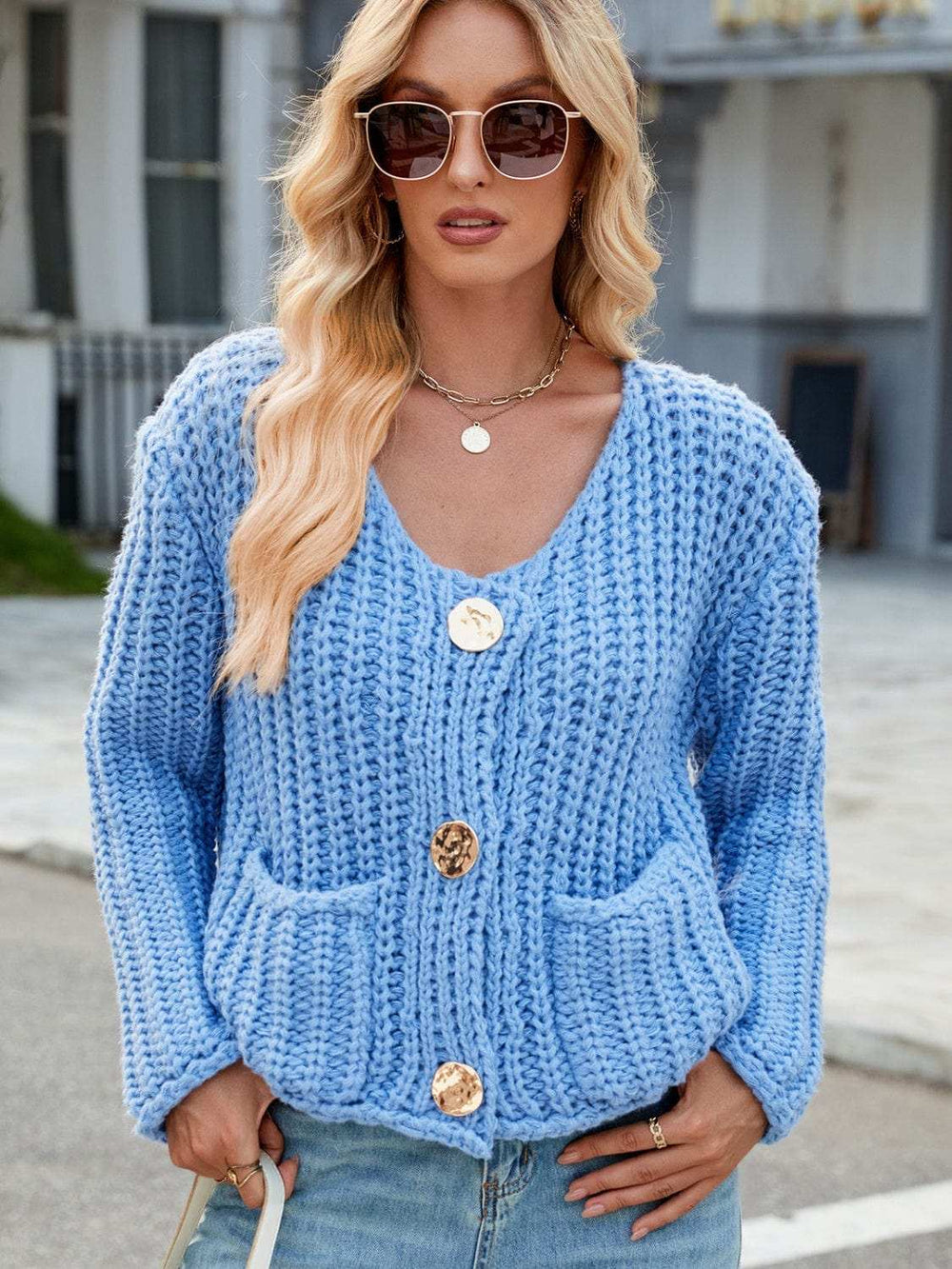 Round Neck Button Up Cardigan with Pockets - Trendsi - Flyclothing LLC