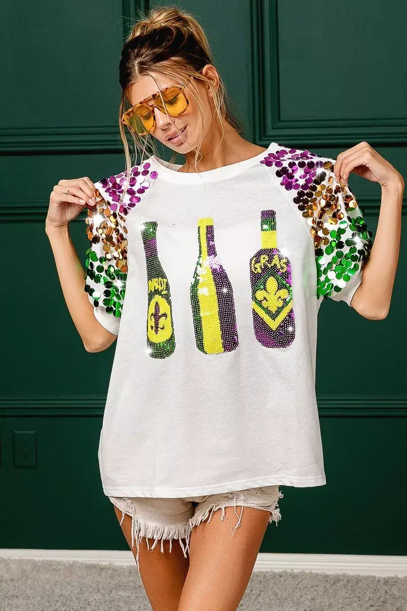 BiBi Sequin Mardi Gras Bottles Spangled Sleeve Top - Trendsi - Flyclothing LLC