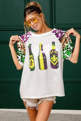 BiBi Sequin Mardi Gras Bottles Spangled Sleeve Top - Trendsi - Flyclothing LLC