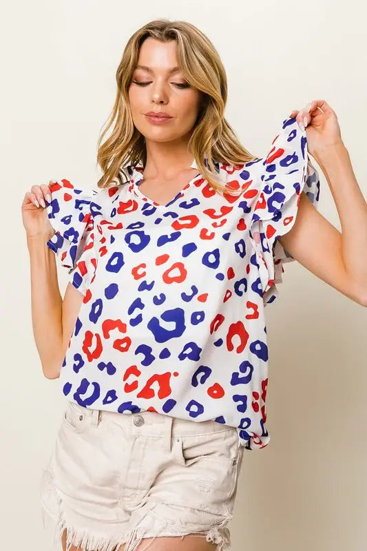 BiBi Leopard Notched Ruffled Cap Sleeve Blouse - Trendsi - Flyclothing LLC