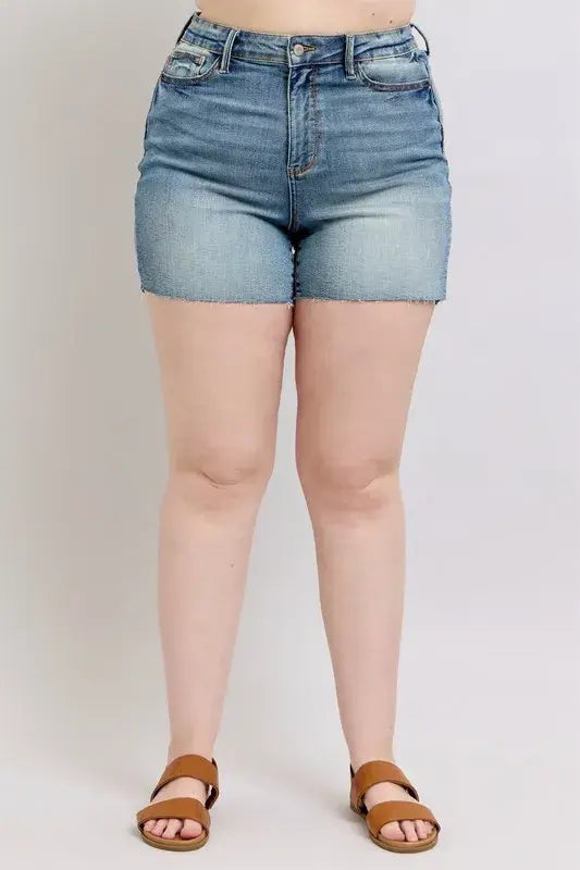 Judy Blue Full Size High Waist Star Seam Detail Denim Shorts Plus Size - Trendsi - Flyclothing LLC
