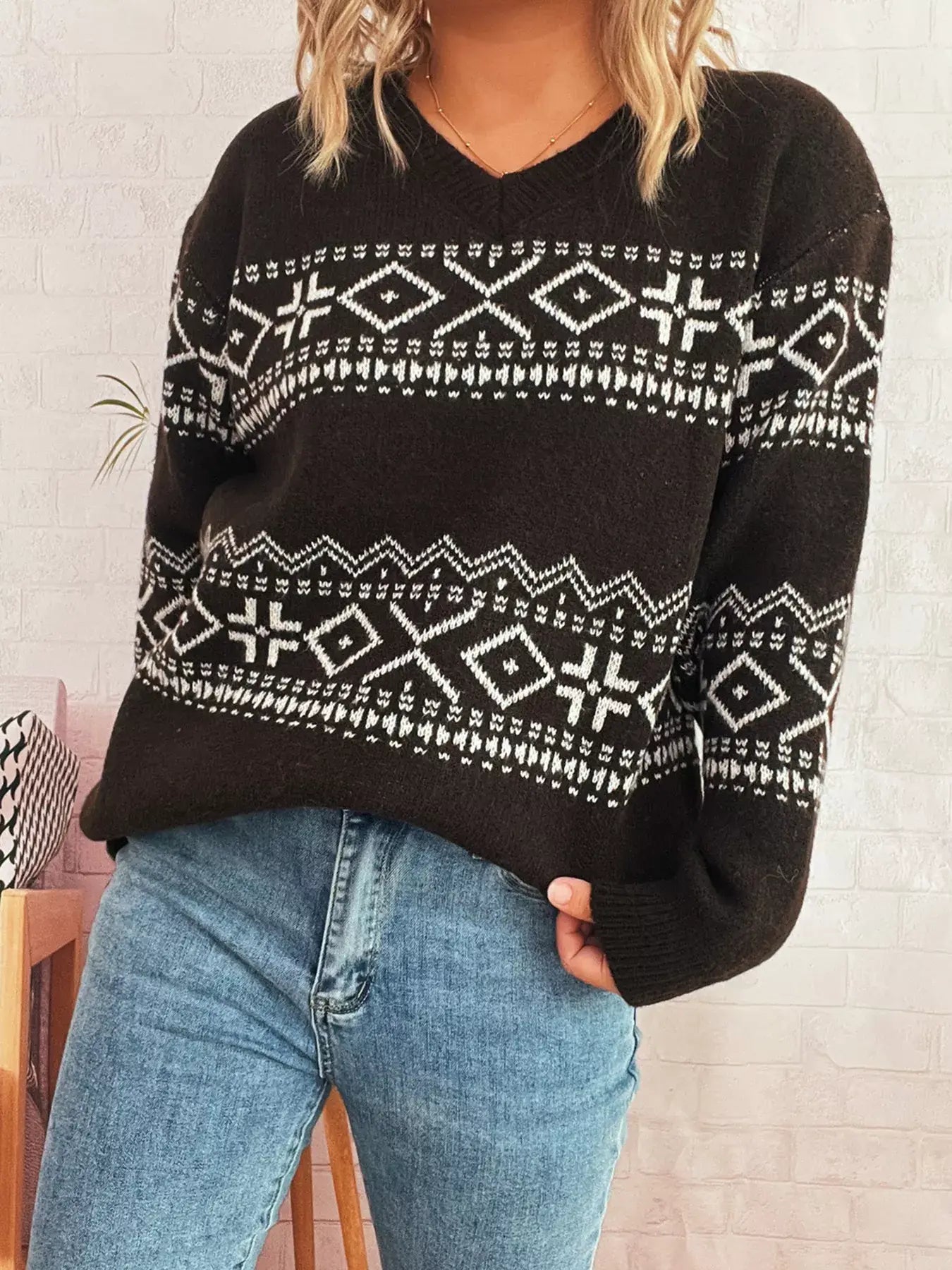 Geometric Dropped Shoulder Long Sleeve Sweater - Trendsi - Flyclothing LLC