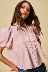 SO ME Gingham Lace Trim Button Bubble Sleeves Blouse - Trendsi - Flyclothing LLC