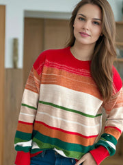Contrast Striped Round Neck Long Sleeve Sweater - Trendsi