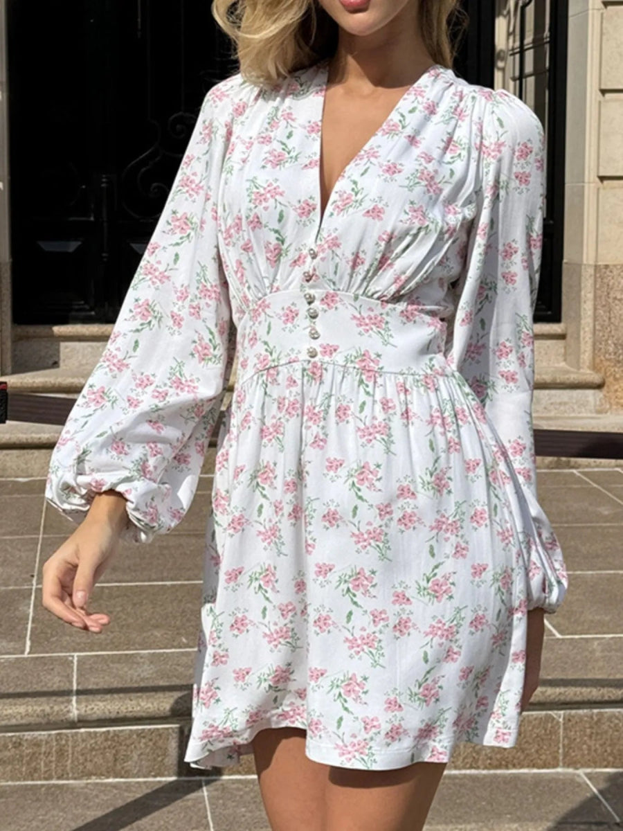 Floral Print Balloon Sleeve Dress - Trendsi
