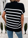 Striped Mock Neck Short Sleeve Sweater - Trendsi - Flyclothing LLC