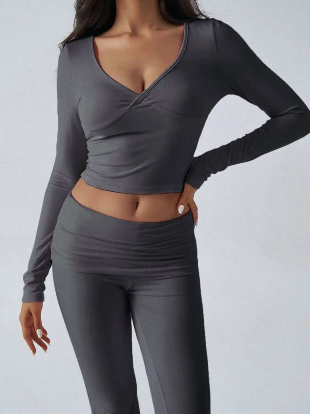 Devine Ruched Long Sleeve Top and Pants Set - Trendsi - Flyclothing LLC