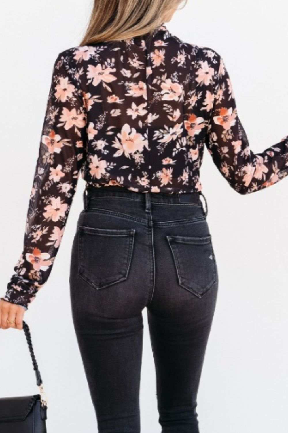 Floral Mock Neck Long Sleeve Blouse - Trendsi - Flyclothing LLC