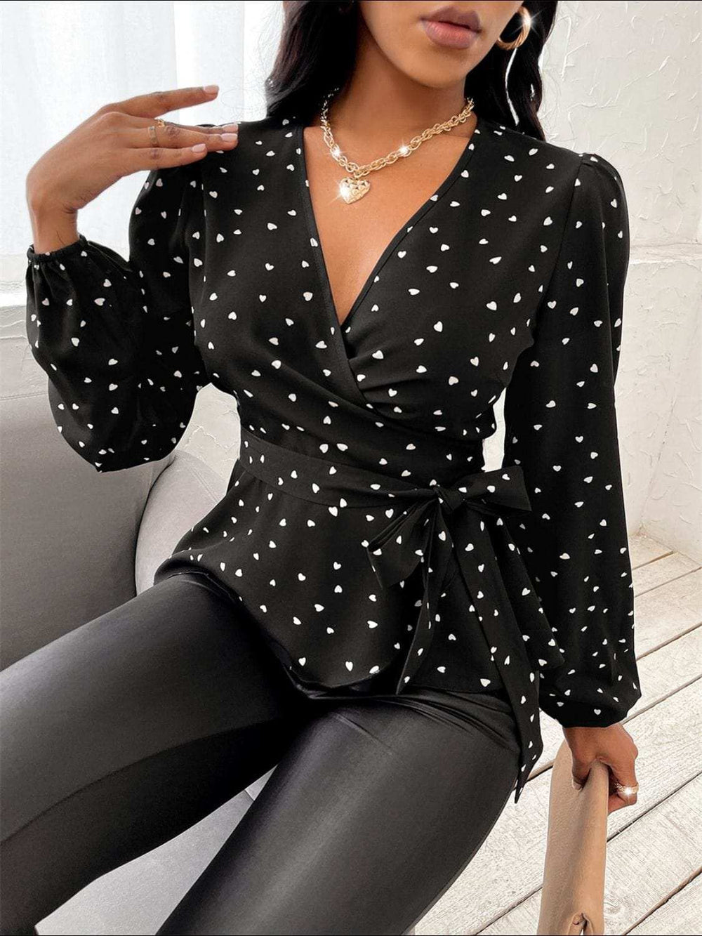 Heart Print Surplice Balloon Sleeve Blouse - Trendsi - Flyclothing LLC