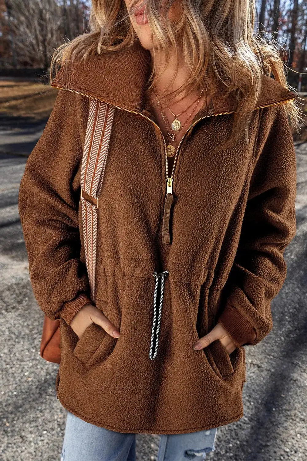 Drawstring Half Zip Long Sleeve Sweatshirt - Trendsi