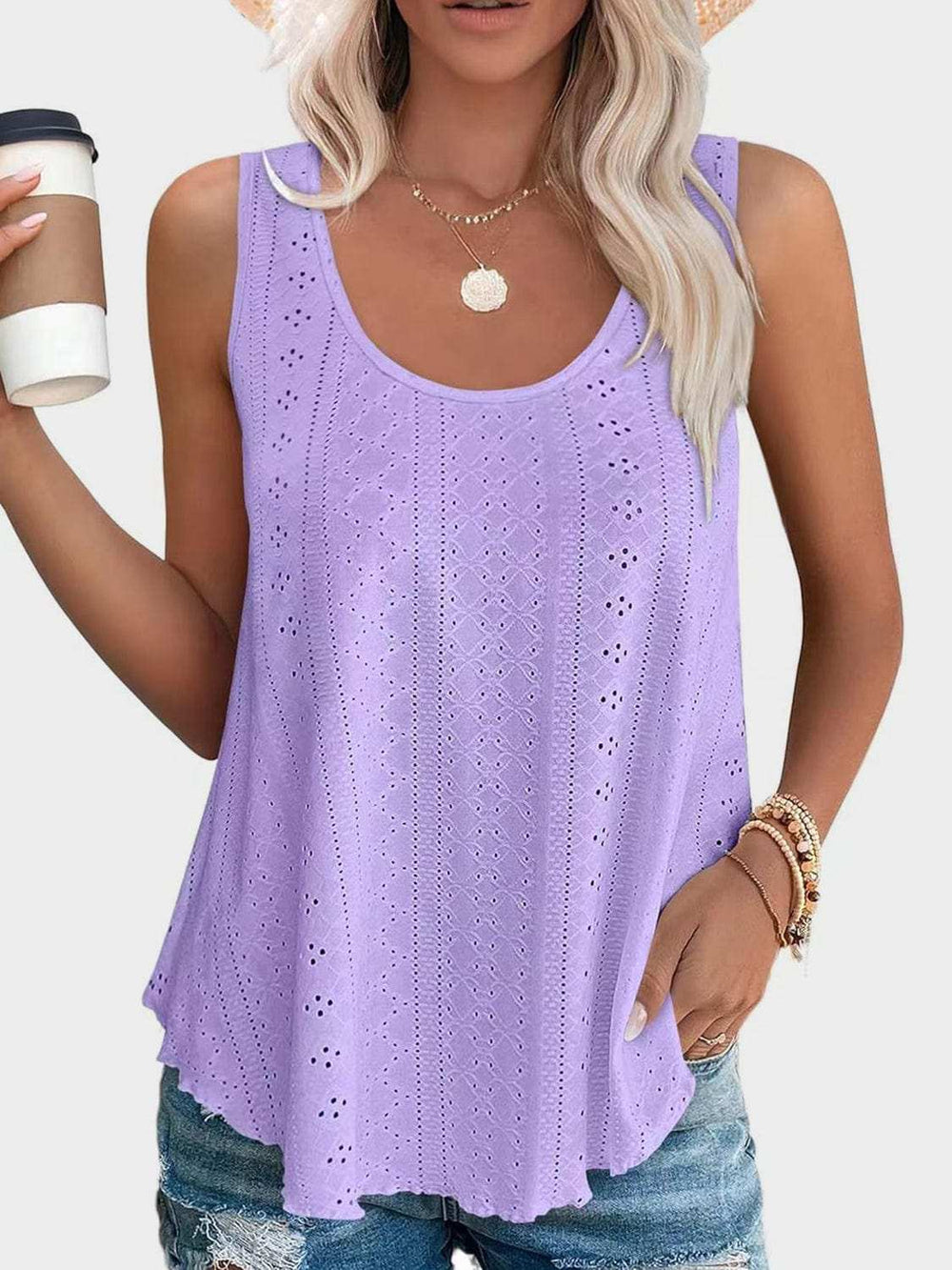 Florira Eyelet Round Neck Tank - Trendsi - Flyclothing LLC