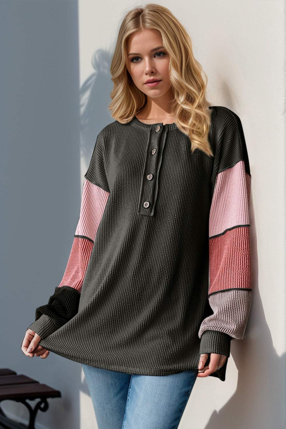 Double Take Full Size Color Block Round Neck Long Sleeve T-Shirt - Trendsi - Flyclothing LLC