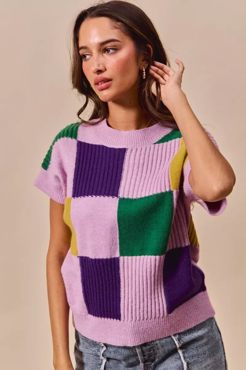 SO ME Mardi Gras Check Plaid Casual Sweater Top - Trendsi - Flyclothing LLC