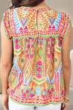 Ruffled Printed Round Neck Cap Sleeve Blouse - Trendsi - Flyclothing LLC
