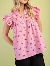 Notched Ruffled Cap Sleeve Blouse - Trendsi - Flyclothing LLC