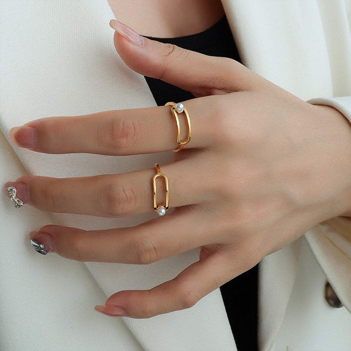Synthetic Pearl Titanium Steel Ring - Trendsi - Flyclothing LLC