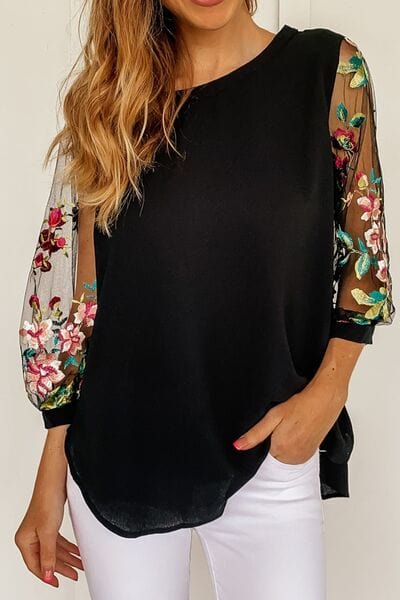 Floral Embroidered Sleeve Round Neck Blouse - Trendsi