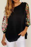 Floral Embroidered Sleeve Round Neck Blouse - Trendsi