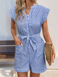 Striped Notched Tie Waist Romper - Trendsi