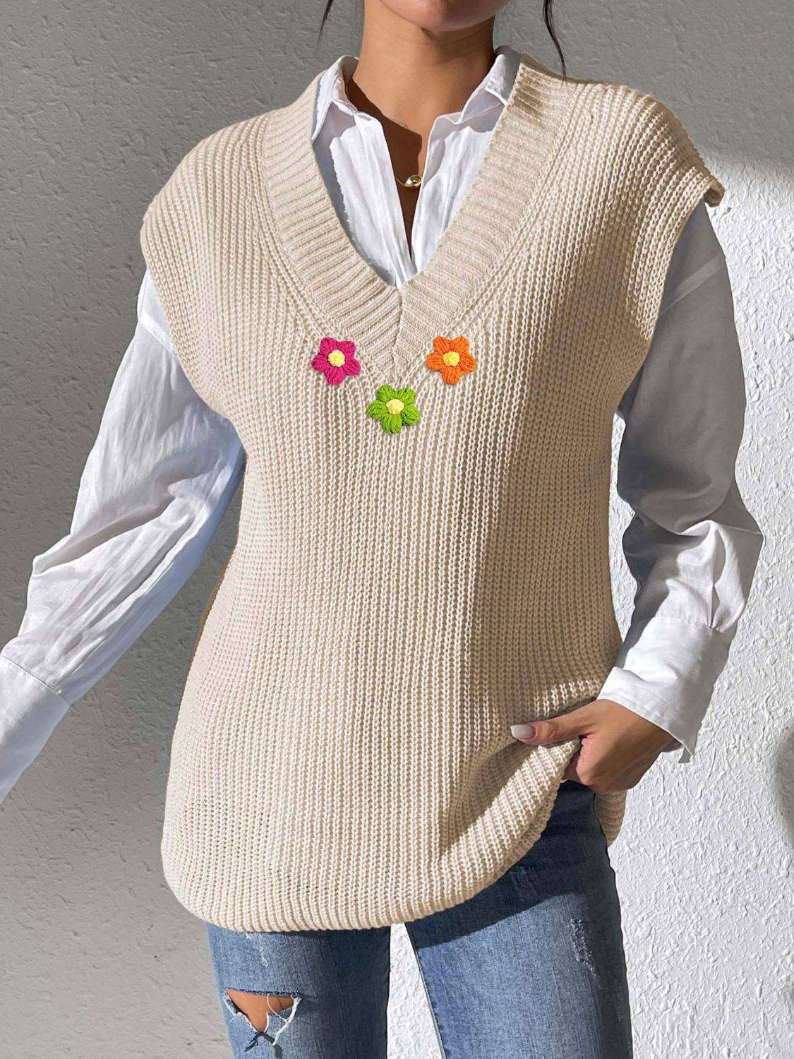 Flower V-Neck Sweater Vest - Trendsi - Flyclothing LLC