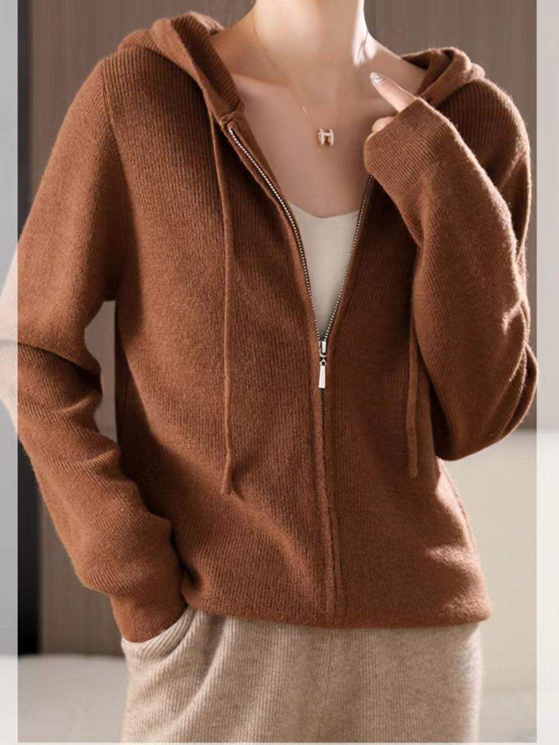 Drawstring Zip Up Long Sleeve Hooded Sweater - Trendsi - Flyclothing LLC