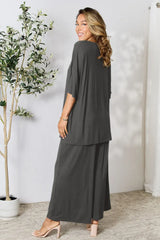 Double Take Full Size Round Neck Slit Top and Pants Set - Trendsi - Flyclothing LLC