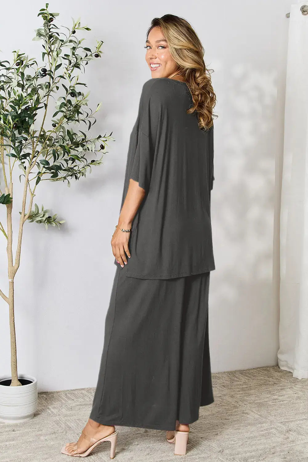 Double Take Full Size Round Neck Slit Top and Pants Set - Trendsi - Flyclothing LLC