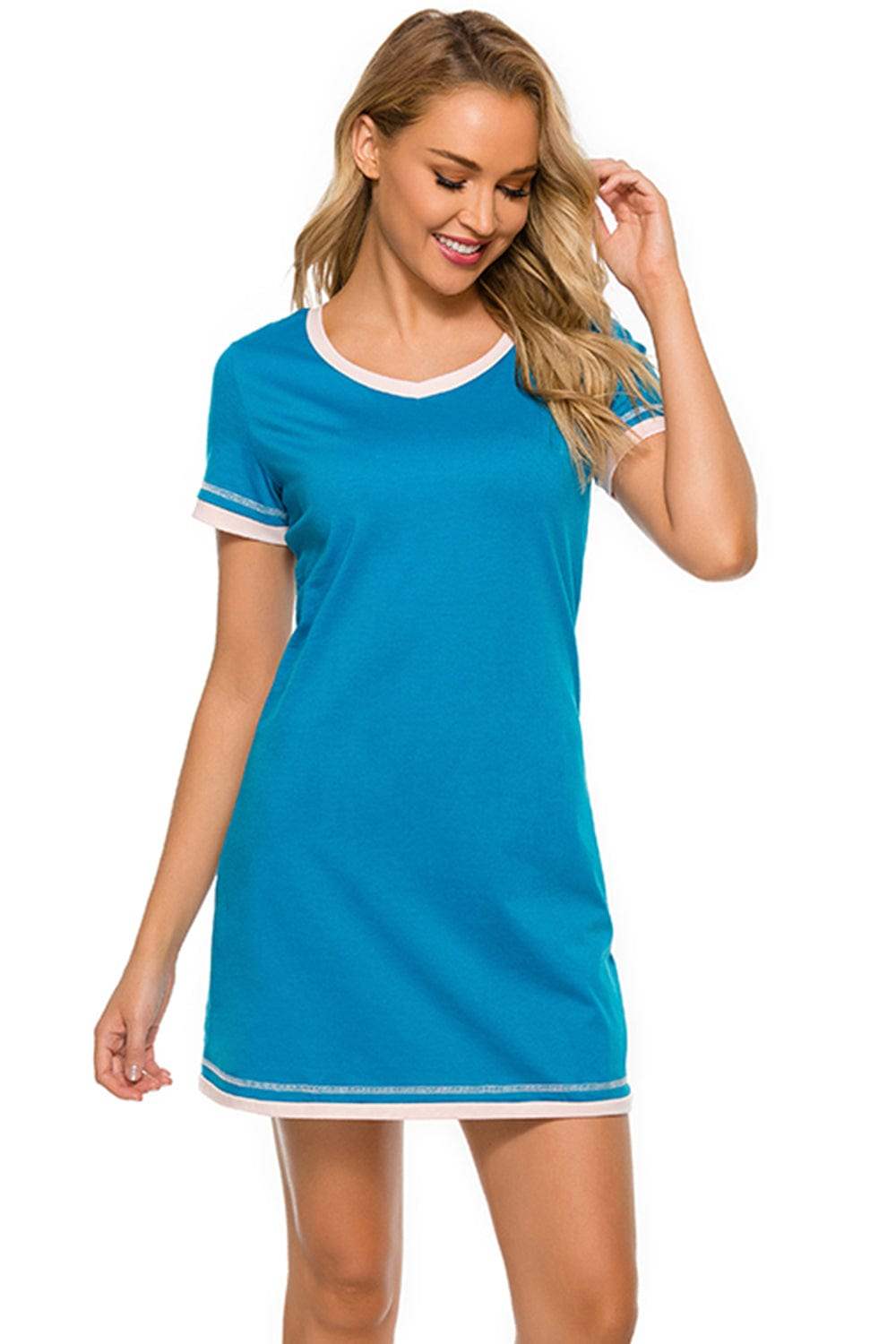 Contrast Trim Short Sleeve Lounge Dress - Trendsi - Flyclothing LLC