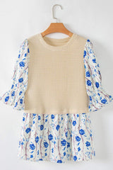 Waffle-Knit Printed Round Neck Flounce Sleeve Blouse - Trendsi - Flyclothing LLC
