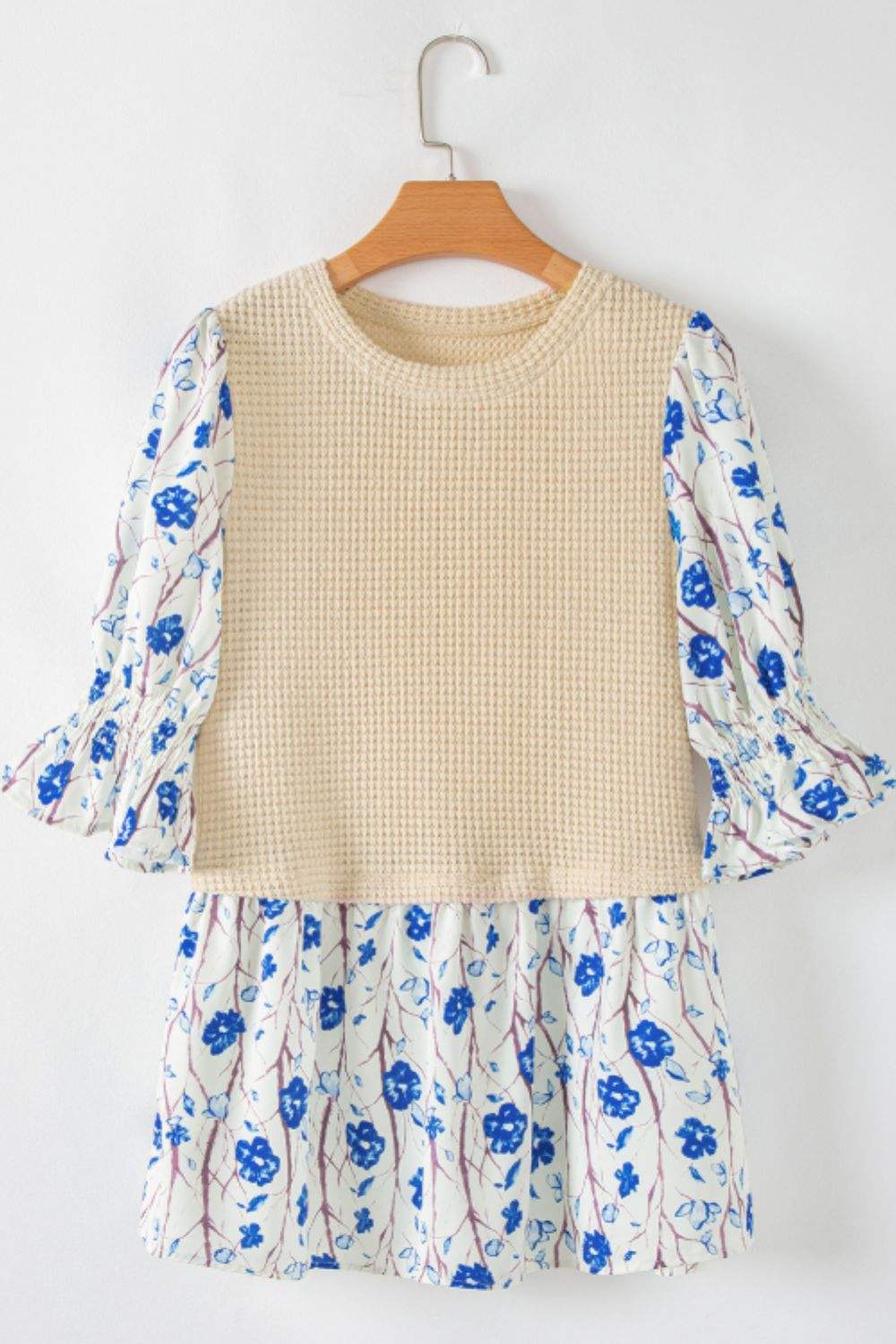 Waffle-Knit Printed Round Neck Flounce Sleeve Blouse - Trendsi - Flyclothing LLC