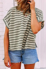Stripe Textured Side Slit Crew Neck T-Shirt - Trendsi - Flyclothing LLC