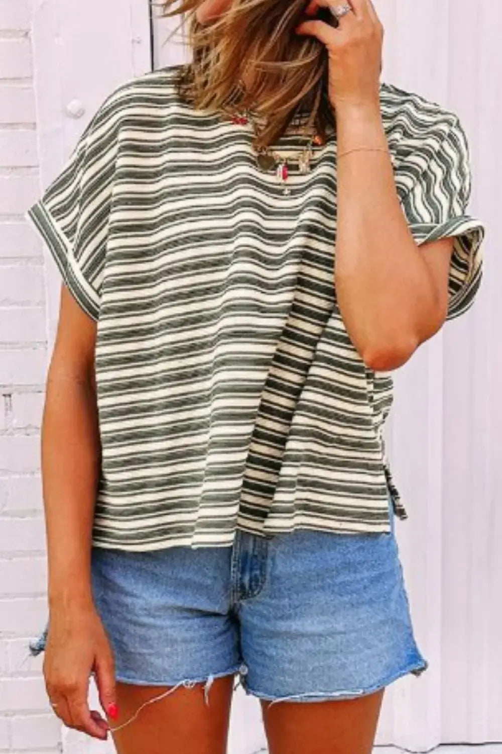 Stripe Textured Side Slit Crew Neck T-Shirt - Trendsi - Flyclothing LLC