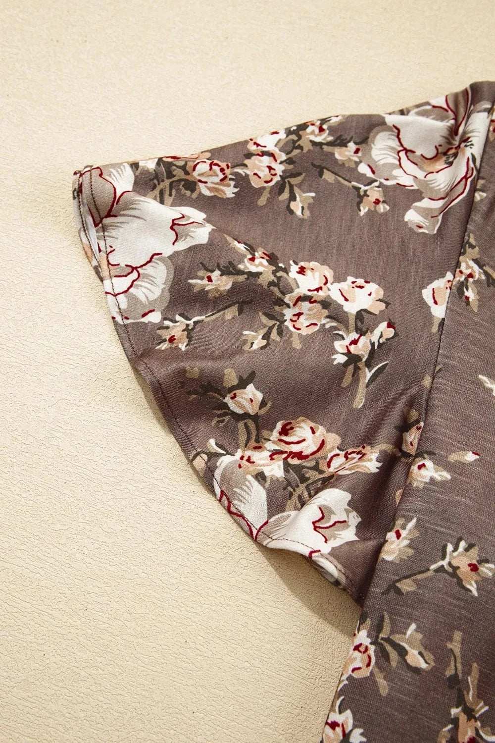 Floral Print Tassel Tie Split Neck Short Sleeve Blouse - Trendsi - Flyclothing LLC