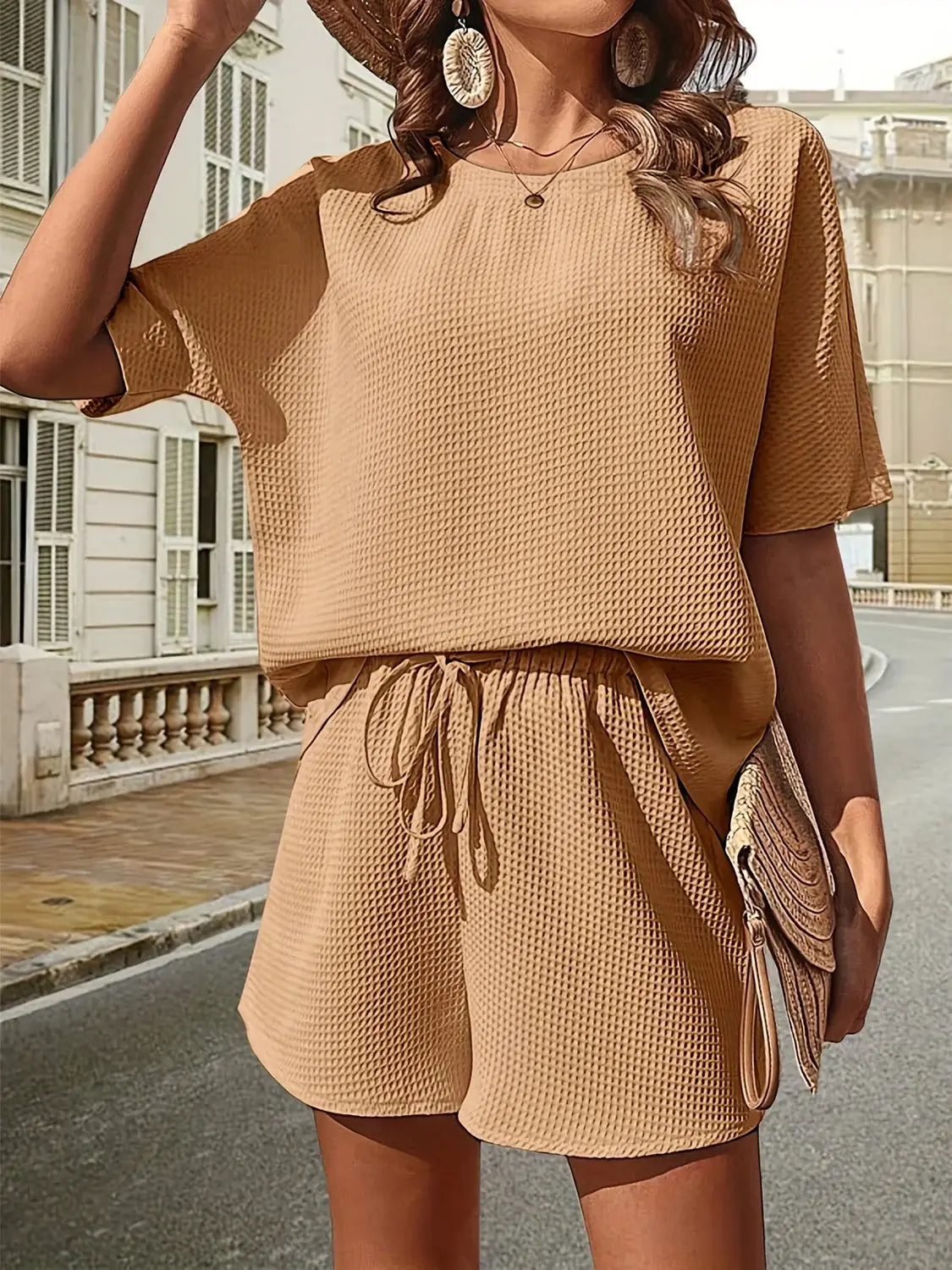Waffle-Knit Half Sleeve Top and Shorts Set - Trendsi - Flyclothing LLC