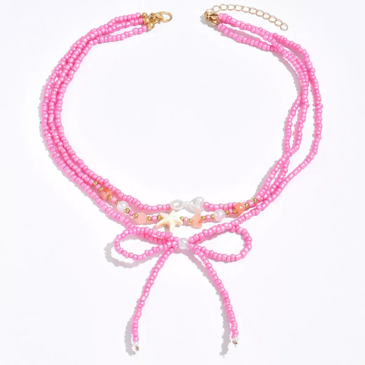 Beaded Three-Layered Necklace with Bow and Starfish Charms - Trendsi - Flyclothing LLC
