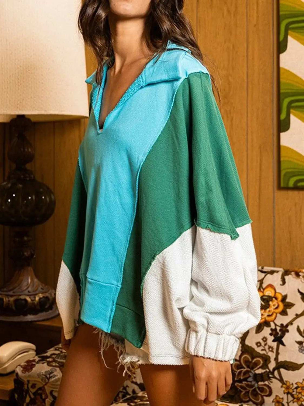 High-Low Exposed Seam Contrast Long Sleeve Sweatshirt - Trendsi - Flyclothing LLC