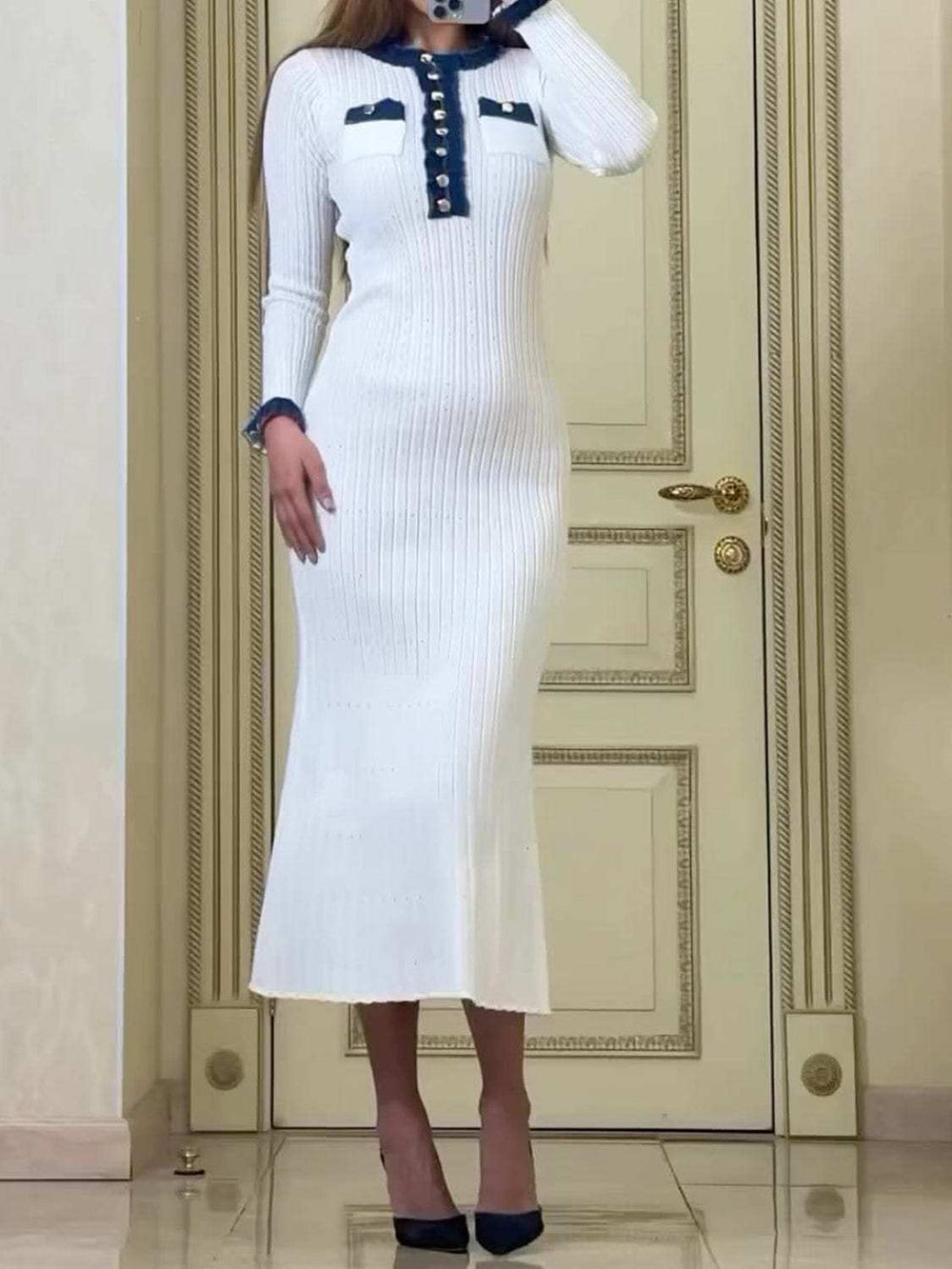 Contrast Trim Round Neck Long Sleeve Sweater Dress - Trendsi - Flyclothing LLC